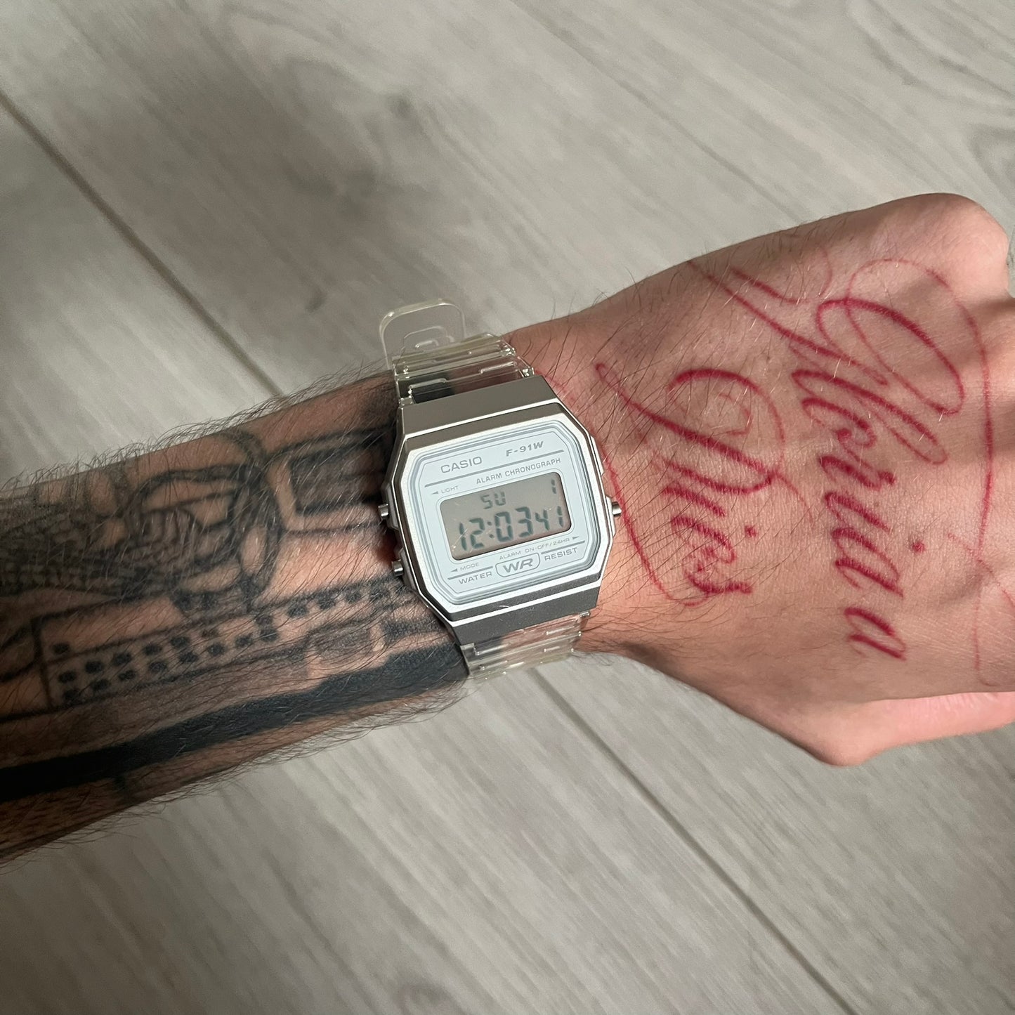 Custom Casio F-91W Clear/Transparent digital watch featuring a Silver reflective filter screen. Slim 8.5 mm profile, lightweight 21 g build and flexible bio-based resin band ensure lasting comfort. Includes alarm, stopwatch, and microlight function for everyday functionality.
