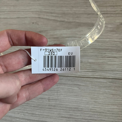 Custom Casio F-91W Clear/Transparent digital watch featuring a Silver reflective filter screen. Slim 8.5 mm profile, lightweight 21 g build and flexible bio-based resin band ensure lasting comfort. Includes alarm, stopwatch, and microlight function for everyday functionality.