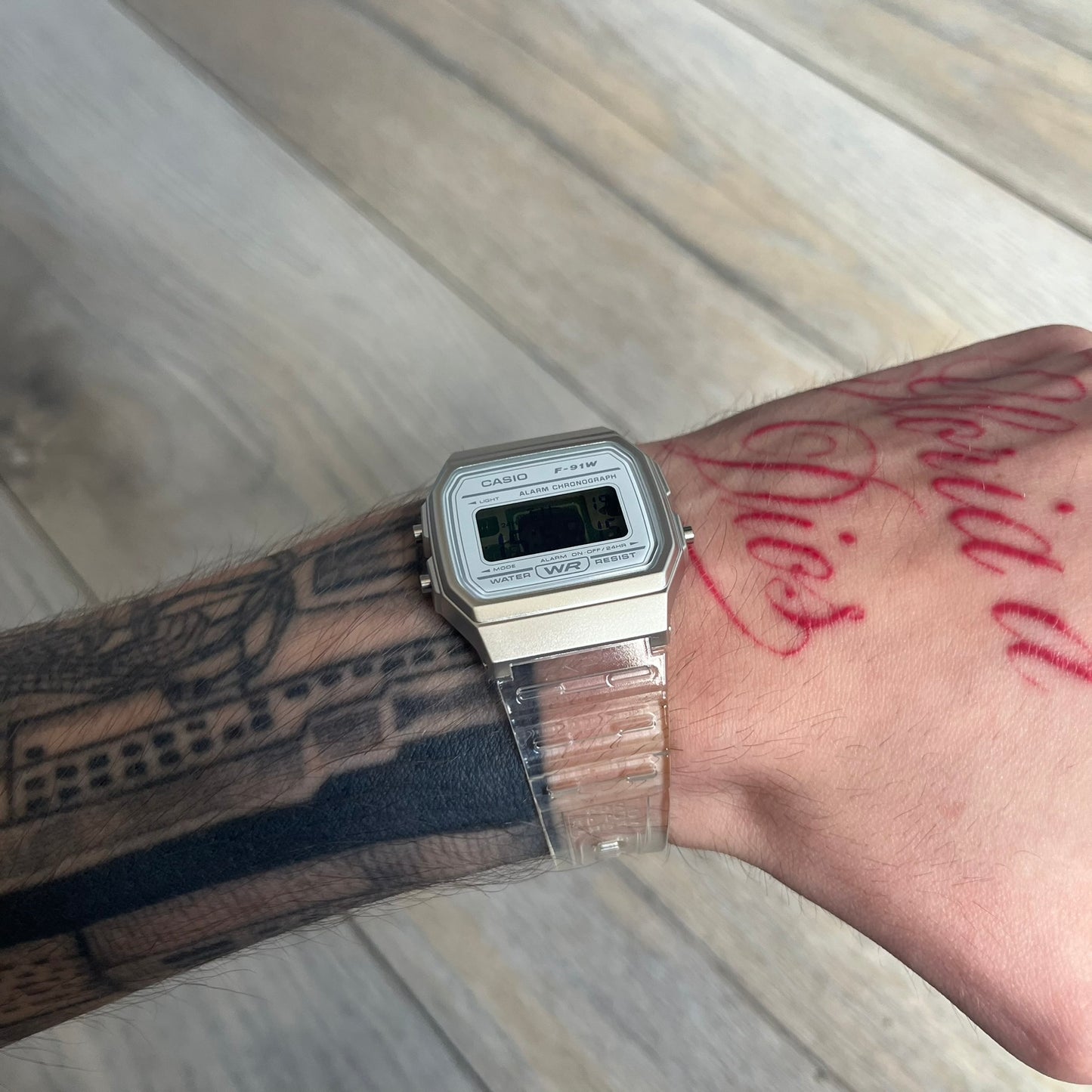 Custom Casio F-91W Clear/Transparent digital watch featuring a see through/clear filter screen. Slim 8.5 mm profile, lightweight 21 g build and flexible bio-based resin band ensure lasting comfort. Includes alarm, stopwatch, and microlight function for everyday functionality.