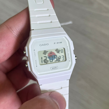Custom Casio F-91W White digital watch featuring a South Korea flag filter screen. Slim 8.5 mm profile, lightweight 21 g build and flexible bio-based resin band ensure lasting comfort. Includes alarm, stopwatch, and microlight function for everyday functionality.