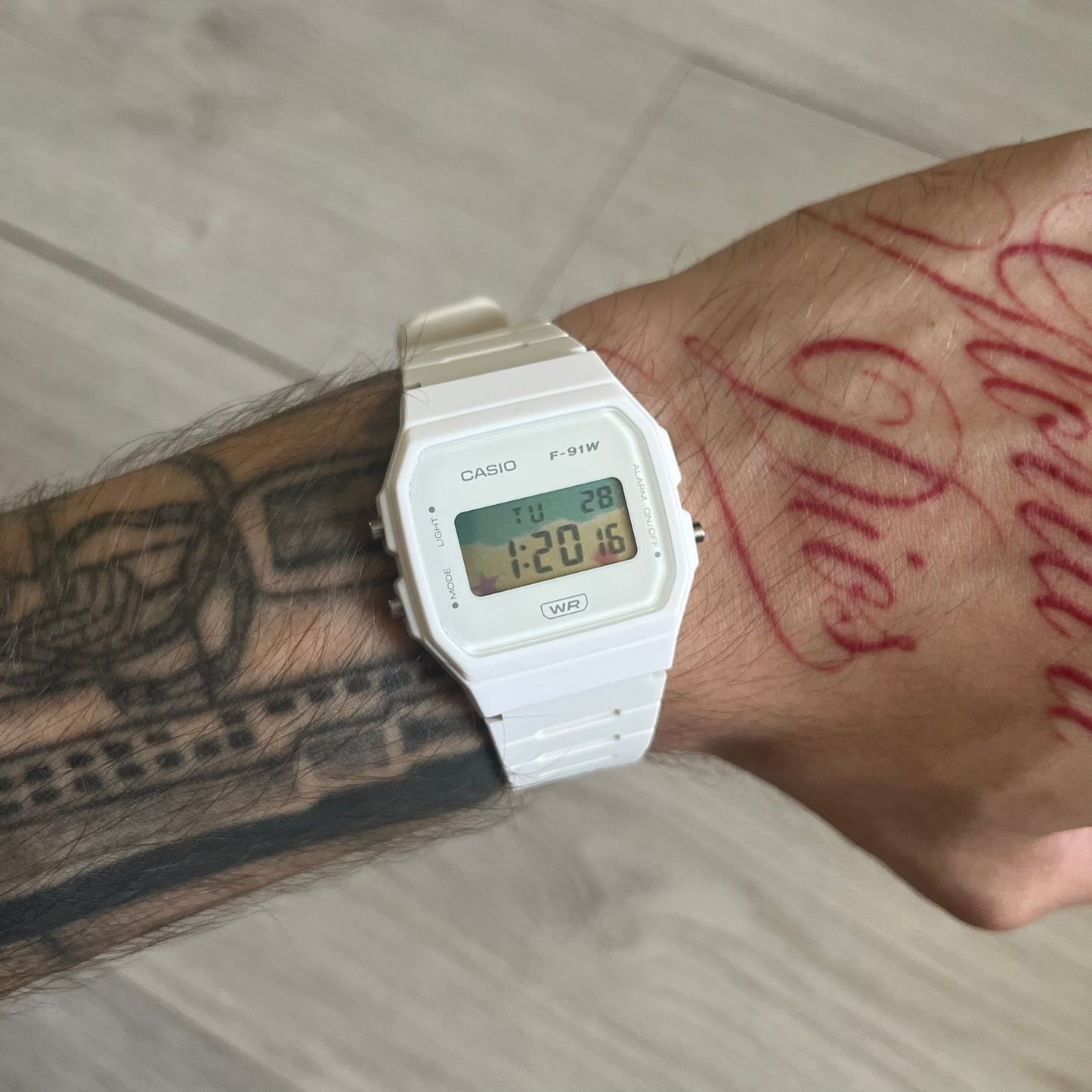 Custom Casio F-91W White digital watch featuring a Sandy beach filter screen. Slim 8.5 mm profile, lightweight 21 g build and flexible bio-based resin band ensure lasting comfort. Includes alarm, stopwatch, and microlight function for everyday functionality.
