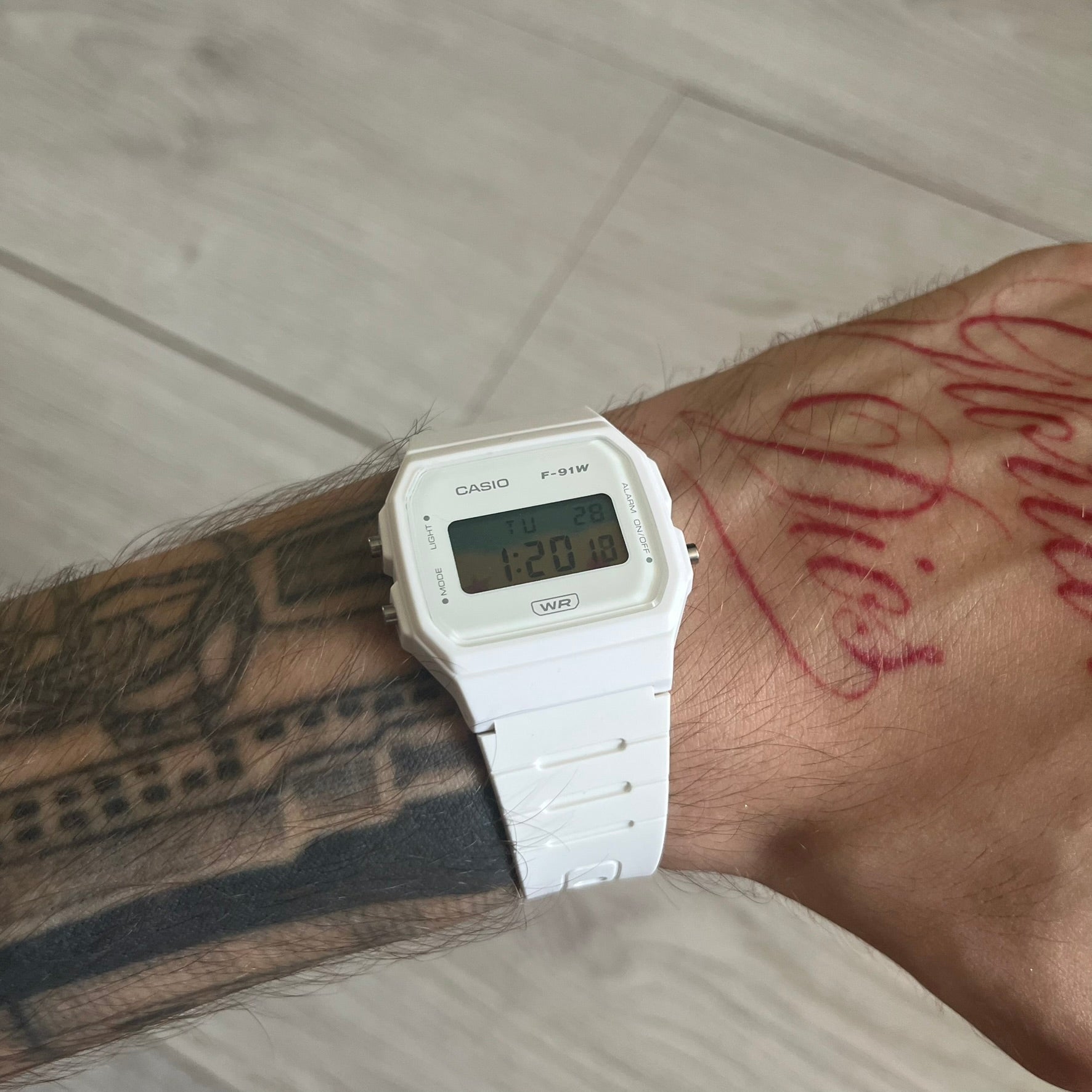 Custom Casio F-91W White digital watch featuring a Sandy beach filter screen. Slim 8.5 mm profile, lightweight 21 g build and flexible bio-based resin band ensure lasting comfort. Includes alarm, stopwatch, and microlight function for everyday functionality.