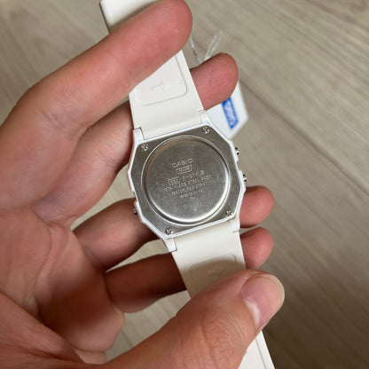 Custom Casio F-91W White digital watch featuring a Sandy beach filter screen. Slim 8.5 mm profile, lightweight 21 g build and flexible bio-based resin band ensure lasting comfort. Includes alarm, stopwatch, and microlight function for everyday functionality.