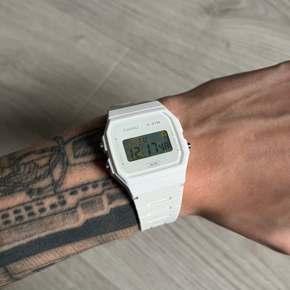 Custom Casio F-91W White digital watch featuring a Landscape filter screen. Slim 8.5 mm profile, lightweight 21 g build and flexible bio-based resin band ensure lasting comfort. Includes alarm, stopwatch, and microlight function for everyday functionality.