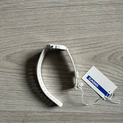 Custom Casio F-91W White digital watch featuring a Landscape filter screen. Slim 8.5 mm profile, lightweight 21 g build and flexible bio-based resin band ensure lasting comfort. Includes alarm, stopwatch, and microlight function for everyday functionality.