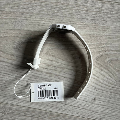 Custom Casio F-91W White digital watch featuring a Landscape filter screen. Slim 8.5 mm profile, lightweight 21 g build and flexible bio-based resin band ensure lasting comfort. Includes alarm, stopwatch, and microlight function for everyday functionality.