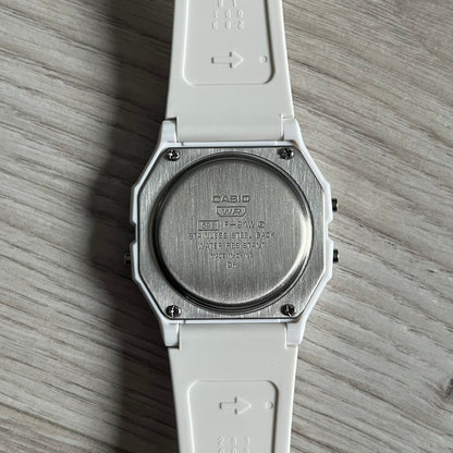 Custom Casio F-91W White digital watch featuring a Landscape filter screen. Slim 8.5 mm profile, lightweight 21 g build and flexible bio-based resin band ensure lasting comfort. Includes alarm, stopwatch, and microlight function for everyday functionality.