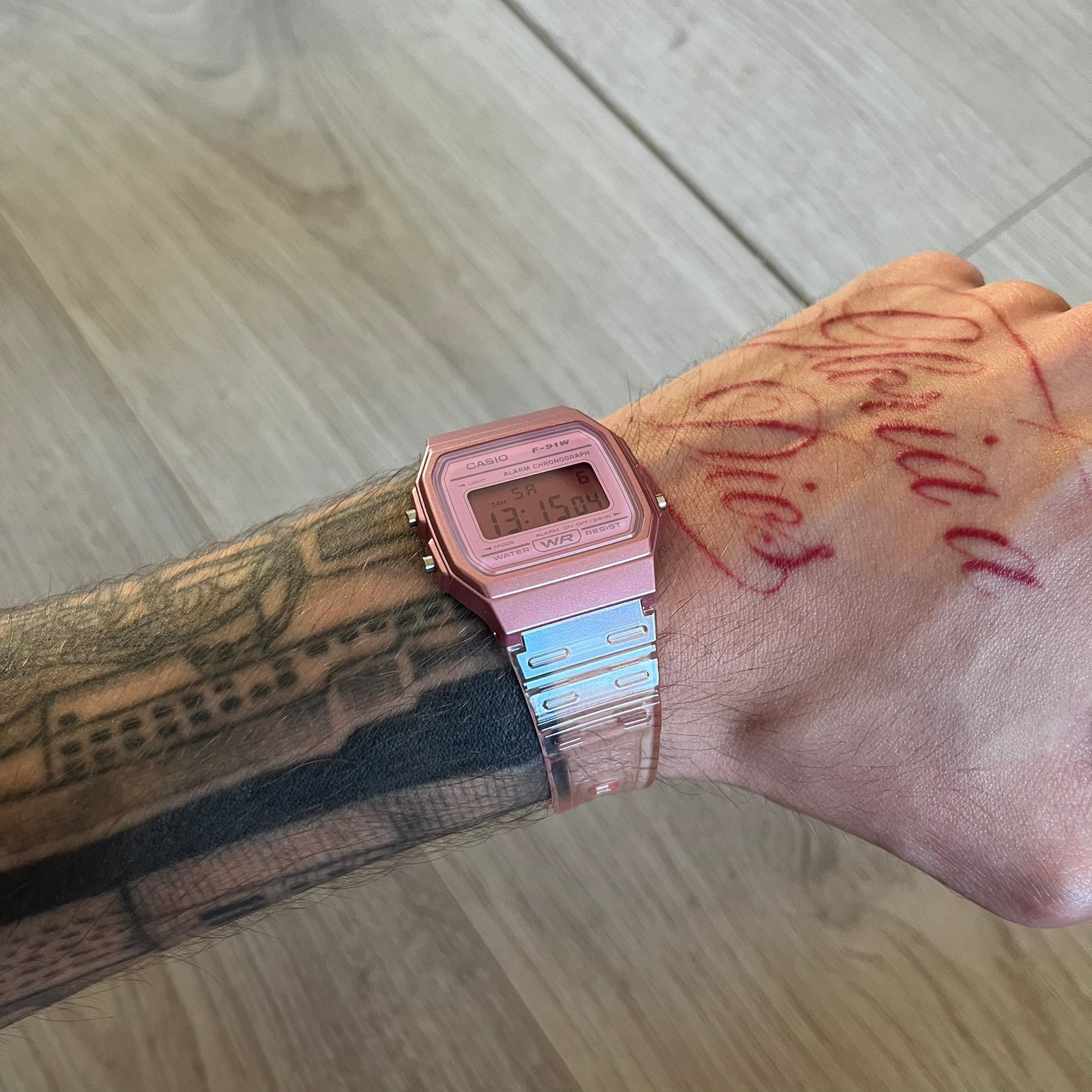 Custom Casio F-91W Pink digital watch featuring a fully Pink filter screen. Slim 8.5 mm profile, lightweight 21 g build and flexible bio-based resin band ensure lasting comfort. Includes alarm, stopwatch, and microlight function for everyday functionality.