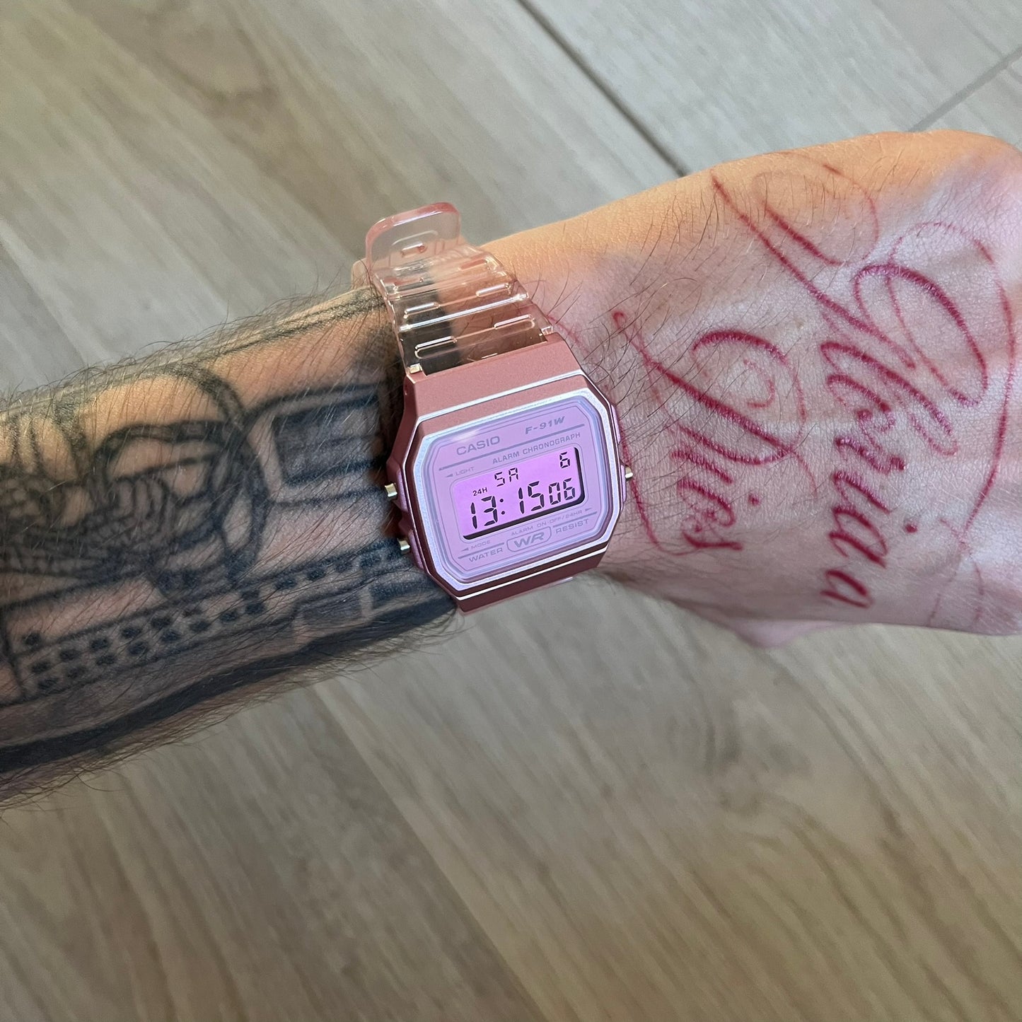 Custom Casio F-91W Pink digital watch featuring a fully Pink filter screen. Slim 8.5 mm profile, lightweight 21 g build and flexible bio-based resin band ensure lasting comfort. Includes alarm, stopwatch, and microlight function for everyday functionality.