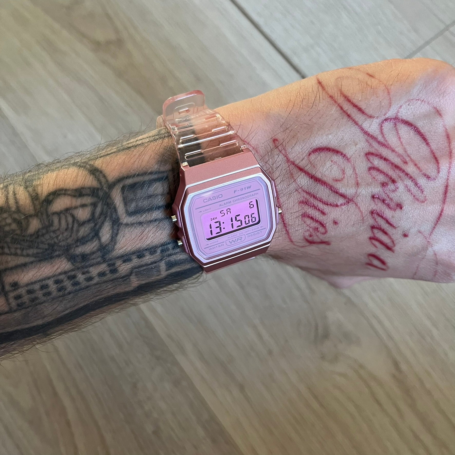 Custom Casio F-91W Pink digital watch featuring a fully Pink filter screen. Slim 8.5 mm profile, lightweight 21 g build and flexible bio-based resin band ensure lasting comfort. Includes alarm, stopwatch, and microlight function for everyday functionality.