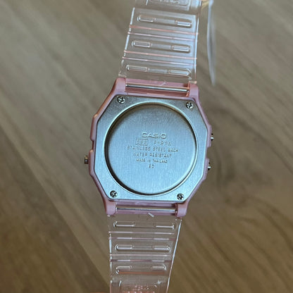 Custom Casio F-91W Pink digital watch featuring a fully Pink filter screen. Slim 8.5 mm profile, lightweight 21 g build and flexible bio-based resin band ensure lasting comfort. Includes alarm, stopwatch, and microlight function for everyday functionality.