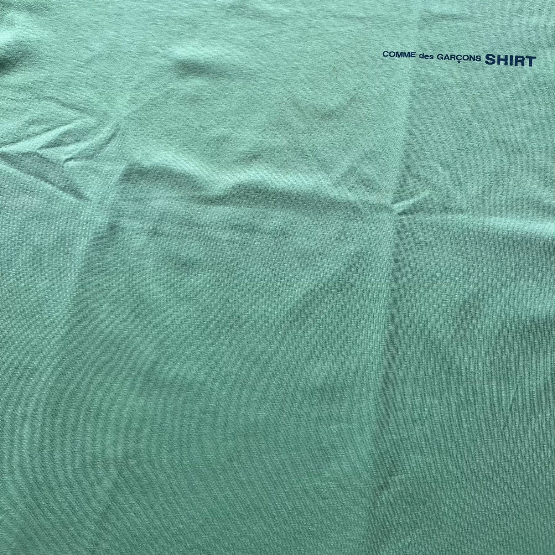 Green t-shirt with 'COMME des GARCONS SHIRT' branding.