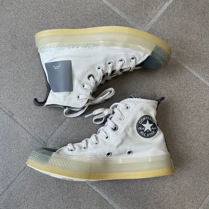 Converse x A-COLD-WALL* Silver Birch Chuck 70 (A02276C) is a limited-edition high-top sneaker from the collaboration with British designer Samuel Ross, released October 6, 2022 in a Silver Birch/Pavement colorway. The canvas upper features a rubber toe cap and a Converse heel plate, with a distinctive translucent, marbled speckled sole.