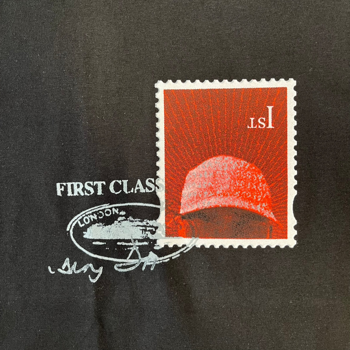 Corteiz x Skepta Konnichiwa 10th Anniversary BlackTee is a 100% cotton T-shirt released to mark the 10th anniversary of Skepta's "Konnichiwa" album, featuring the original album cover artwork with a red postage stamp graphic of Skepta. The design includes a "First Class" ink stamp alongside the Corteiz logo replacing the original cover's "London" mark.