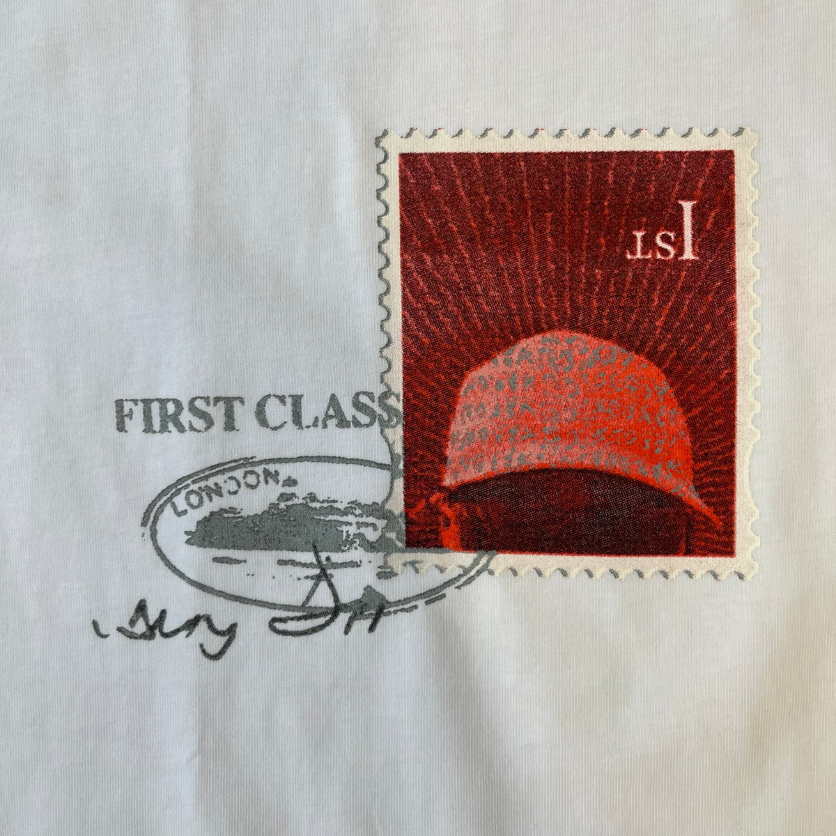Corteiz x Skepta Konnichiwa 10th Anniversary White Tee is a 100% cotton T-shirt released to mark the 10th anniversary of Skepta's "Konnichiwa" album, featuring the original album cover artwork with a red postage stamp graphic of Skepta. The design includes a "First Class" ink stamp alongside the Corteiz logo replacing the original cover's "London" mark.