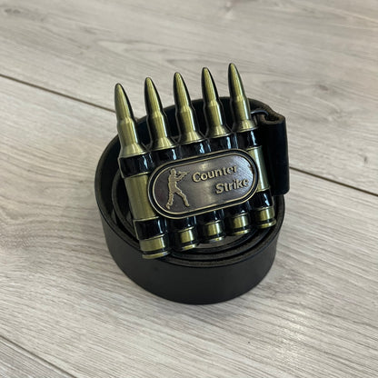 Counter Strike Metal Belt Buckle featuring five metal bullets with black vitreous enamel stripes. Includes a metal dog tag plaque on the front with “Counter Strike” text and the iconic Counter Strike logo of a shooter.