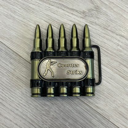 Counter Strike Metal Belt Buckle featuring five metal bullets with black vitreous enamel stripes. Includes a metal dog tag plaque on the front with “Counter Strike” text and the iconic Counter Strike logo of a shooter.