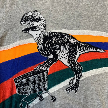 Diesel K-Dino FW19 Gray Pullover is a lightweight gray knit pullover made from alpaca, polyamide, and other materials. The front features a white and black T-rex with a shopping cart, set against multicolor orange, blue, red, and green stripes running behind it.