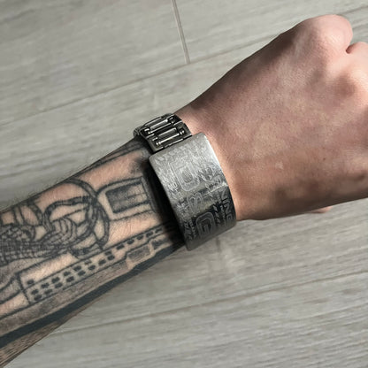 Dolce & Gabbana Warning Stainless Steel Bracelet. From the Spring/Summer 2006 collection, this bracelet features a polished stainless steel design with a clip closure. The front plate displays “Warning Special Access Required” alongside D&G Dolce & Gabbana branding.