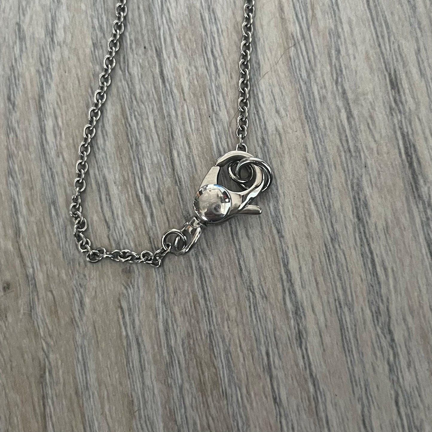 Dolce & Gabbana DJ1087 Medal Necklace is a stainless steel chain necklace featuring a circular 2D pendant. The front design includes an engraved D&G logo surrounded by laurel wreath detailing, with small star accents at the top and bottom. The reverse side of the pendant is plain and smooth. It comes with a thin chain, lobster clasp closure, and a black dust bag.