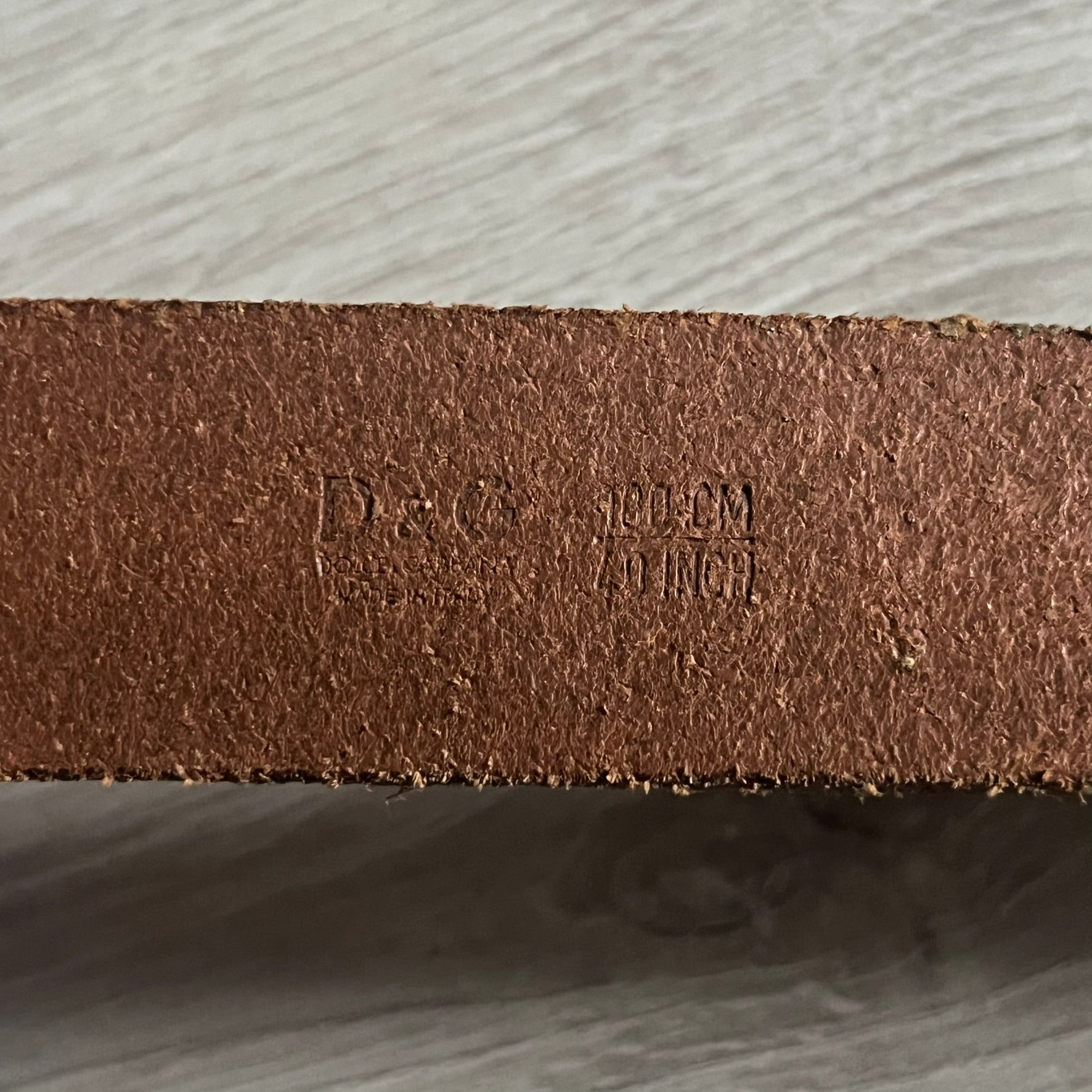Dolce &amp; Gabbana Red &amp; Blue Leather Belt featuring a rectangular silver-tone buckle with a navy border. The buckle displays a large D&amp;G logo in blue with a red outline and “Dolce &amp; Gabbana” text in blue beneath. Finished with a brown leather strap.