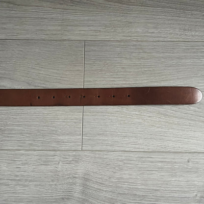 Dolce &amp; Gabbana Red &amp; Blue Leather Belt featuring a rectangular silver-tone buckle with a navy border. The buckle displays a large D&amp;G logo in blue with a red outline and “Dolce &amp; Gabbana” text in blue beneath. Finished with a brown leather strap.