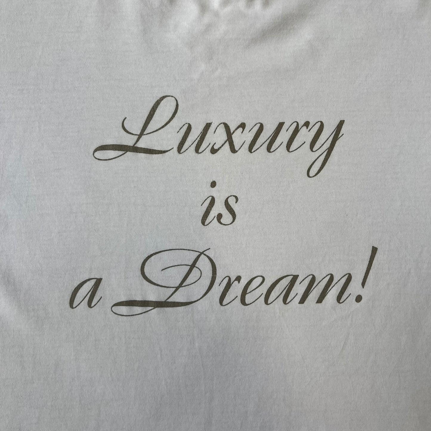Dolce & Gabbana SS05 "Luxury Is a Dream!" White Tee features a clean white cotton design with dark gold handwritten-style text across the front reading “Luxury Is a Dream!”. The graphic uses a decorative quill-like font for a refined luxury aesthetic. Made in Italy, the tee includes two black Dolce & Gabbana tags, one at the neck and one on the collar.
