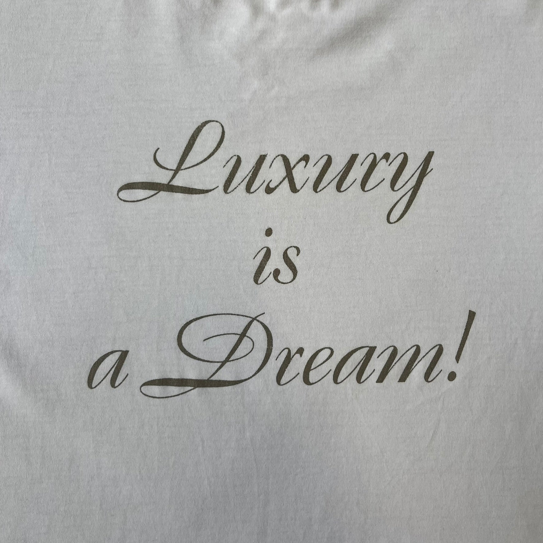 Dolce & Gabbana SS05 "Luxury Is a Dream!" White Tee features a clean white cotton design with dark gold handwritten-style text across the front reading “Luxury Is a Dream!”. The graphic uses a decorative quill-like font for a refined luxury aesthetic. Made in Italy, the tee includes two black Dolce & Gabbana tags, one at the neck and one on the collar.
