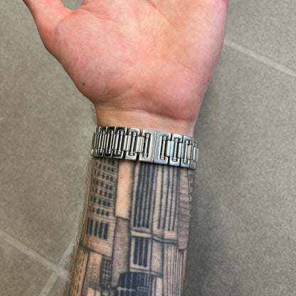 Dolce &amp; Gabbana Warning Stainless Steel Bracelet. From the Spring/Summer 2006 collection, this bracelet features a polished stainless steel design with a clip closure. The front plate displays “Warning Special Access Required” alongside D&amp;G Dolce &amp; Gabbana branding.