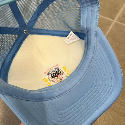 Drake Anita Max Wynn Blue Trucker Cap with a white front panel and baby blue sides and cap, featuring a collection of graphics including a woman with an oversized head, two yellow dollar signs, and “ANITA” in pink, “MAX” in blue, and “WYNN” in green. Designed with a mesh back for breathability, a snapback closure for adjustability, and polyester construction to keep the head cool.