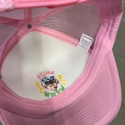 Drake Anita Max Wynn Pink Trucker Cap with a white front panel and baby blue sides and cap, featuring a collection of graphics including a woman with an oversized head, two yellow dollar signs, and “ANITA” in pink, “MAX” in blue, and “WYNN” in green. Designed with a mesh back for breathability, a snapback closure for adjustability, and polyester construction to keep the head cool.