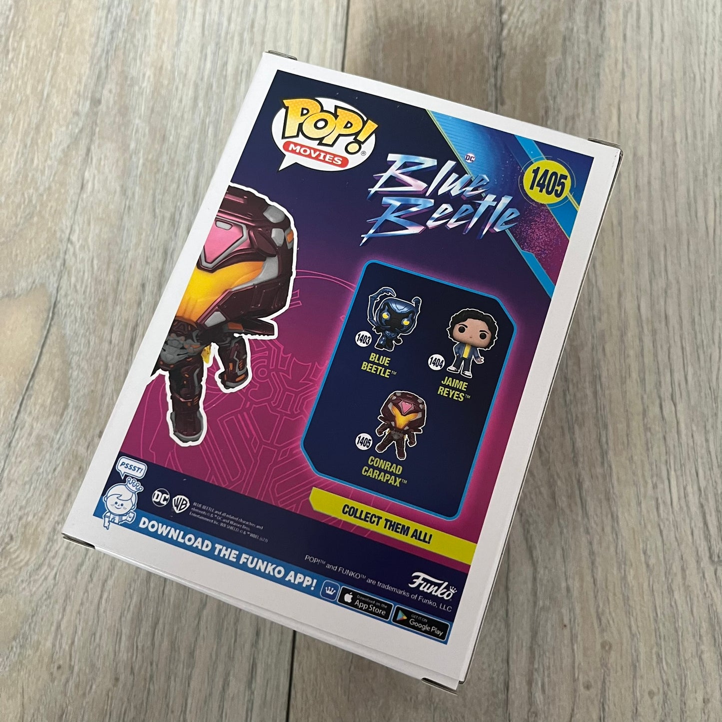 Funko Pop! Movies: Blue Beetle Conrad Carapax #1405 is a 2023 vinyl figure from the DC Blue Beetle (2023) movie line. It depicts Conrad Carapax in his armored design with a color scheme of deep maroon, bright yellow, and metallic accents. The figure is part of the standard 4-inch POP! vinyl series and features detailed sculpting based on the film character