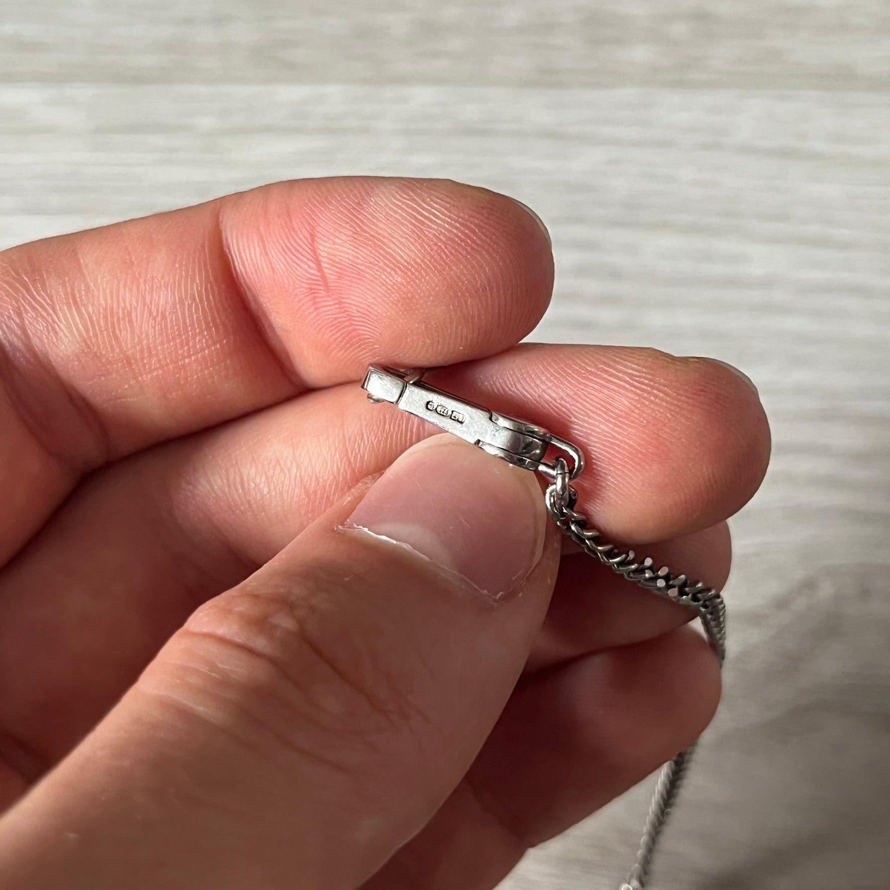 Close-up of a hand holding a silver chain with a clasp.