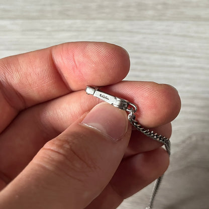 Close-up of a hand holding a silver chain with a clasp.