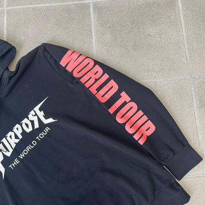 H&amp;M 2016 Justin Bieber Purpose World Tour Black Hoodie is from the 2016 H&amp;M Divided collaboration collection, featuring a white "Purpose" logo with "World Tour" text below it on the front. Both sleeves display big red "WORLD TOUR" text.