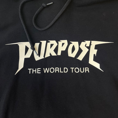 H&amp;M 2016 Justin Bieber Purpose World Tour Black Hoodie is from the 2016 H&amp;M Divided collaboration collection, featuring a white "Purpose" logo with "World Tour" text below it on the front. Both sleeves display big red "WORLD TOUR" text.