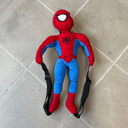 H&M x Marvel 2006 Spider-Man Backpack is a red and blue backpack shaped like Spider-Man in his signature costume. The design features embroidered eye details and an embroidered spider logo on the chest. It has a compact back pocket and straps connected from the character’s hands to the legs. Includes 2006 H&M x Marvel licensing details.
