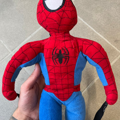 H&M x Marvel 2006 Spider-Man Backpack is a red and blue backpack shaped like Spider-Man in his signature costume. The design features embroidered eye details and an embroidered spider logo on the chest. It has a compact back pocket and straps connected from the character’s hands to the legs. Includes 2006 H&M x Marvel licensing details.

