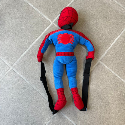 H&M x Marvel 2006 Spider-Man Backpack is a red and blue backpack shaped like Spider-Man in his signature costume. The design features embroidered eye details and an embroidered spider logo on the chest. It has a compact back pocket and straps connected from the character’s hands to the legs. Includes 2006 H&M x Marvel licensing details.
