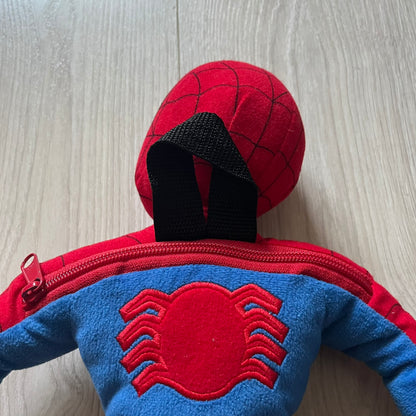 2006 H&M x Marvel Spider-Man Backpack shaped as Spider-Man in his signature red and blue outfit. Features a compact back pocket and unique strap placement connecting his hands to his legs. Rare early 2000s collaboration collectible.