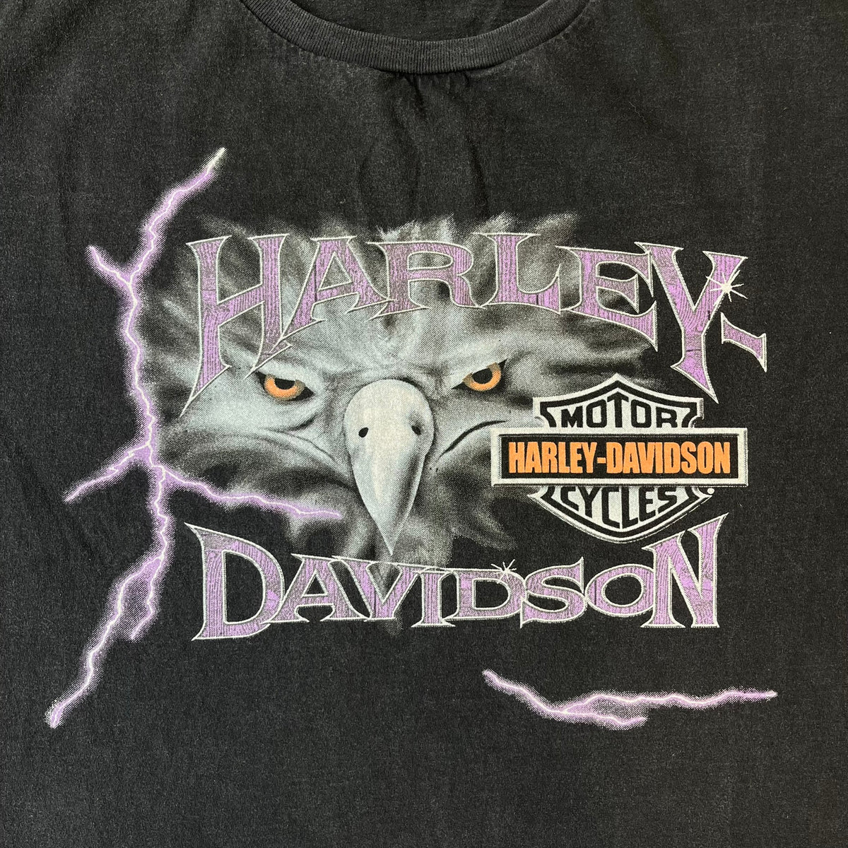 Harley-Davidson 2000's Eagle Black Tee features a boxy black T-shirt with a front graphic of an eagle's head alongside a Harley-Davidson logo. Purple and white “Harley Davidson” text and “Thunderstrikes” graphics surround the design. The back has a large white and grey graphic of a flying eagle with Harley-Davidson text underneath.
