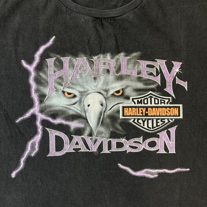 Harley-Davidson 2000's Eagle Black Tee features a boxy black T-shirt with a front graphic of an eagle's head alongside a Harley-Davidson logo. Purple and white “Harley Davidson” text and “Thunderstrikes” graphics surround the design. The back has a large white and grey graphic of a flying eagle with Harley-Davidson text underneath.
