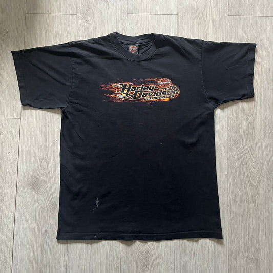  Harley Davidson Grand Island 2000’s Tee featuring a fiery Harley Davidson Motorcycles logo on the front and a USA flag graphic with Harley branding and “Grand Island, NE” text on the back. Classic black vintage tee with a timeless biker aesthetic.