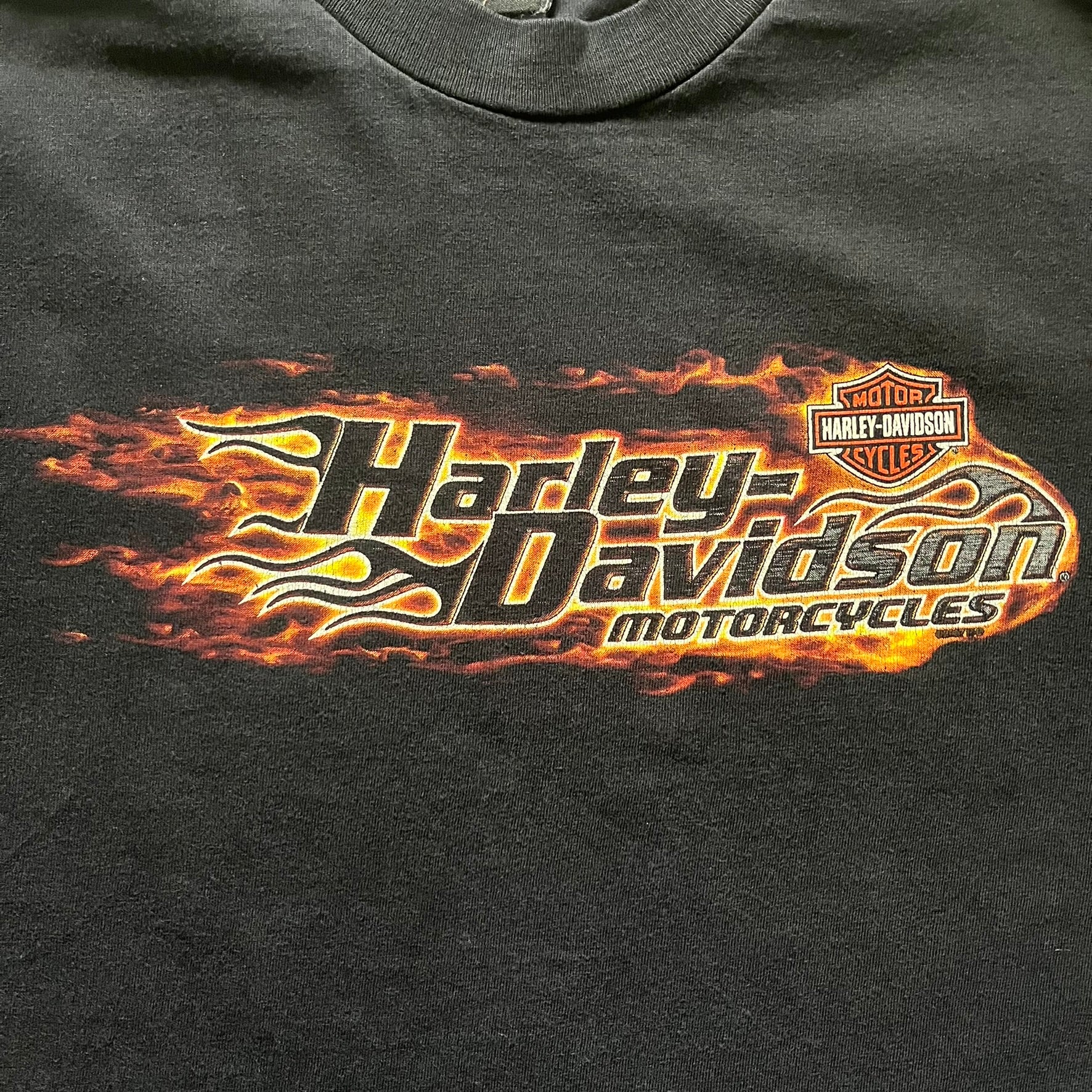  Harley Davidson Grand Island 2000’s Tee featuring a fiery Harley Davidson Motorcycles logo on the front and a USA flag graphic with Harley branding and “Grand Island, NE” text on the back. Classic black vintage tee with a timeless biker aesthetic.
