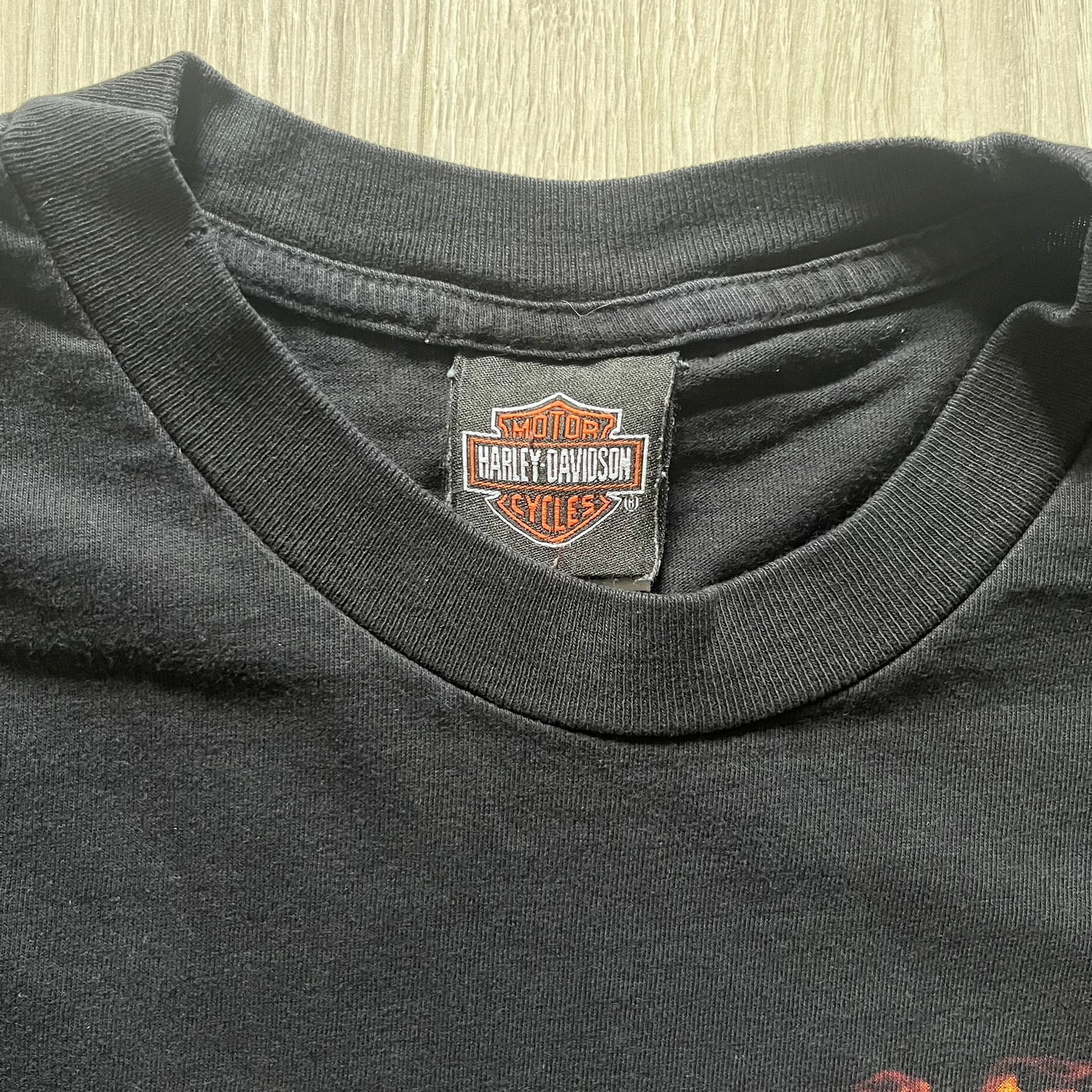  Harley Davidson Grand Island 2000’s Tee featuring a fiery Harley Davidson Motorcycles logo on the front and a USA flag graphic with Harley branding and “Grand Island, NE” text on the back. Classic black vintage tee with a timeless biker aesthetic.