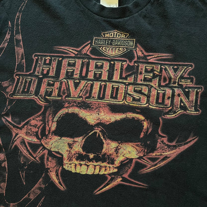 Black Harley Davidson t-shirt from 2011 with striking skull and Harley branding on the chest. Back print features the Stavenger Norway logo and date for an authentic rally vibe. Perfect for fans of vintage motorcycle style.