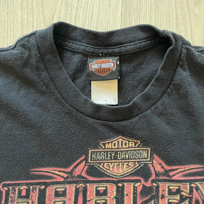 Black Harley Davidson t-shirt from 2011 with striking skull and Harley branding on the chest. Back print features the Stavenger Norway logo and date for an authentic rally vibe. Perfect for fans of vintage motorcycle style.