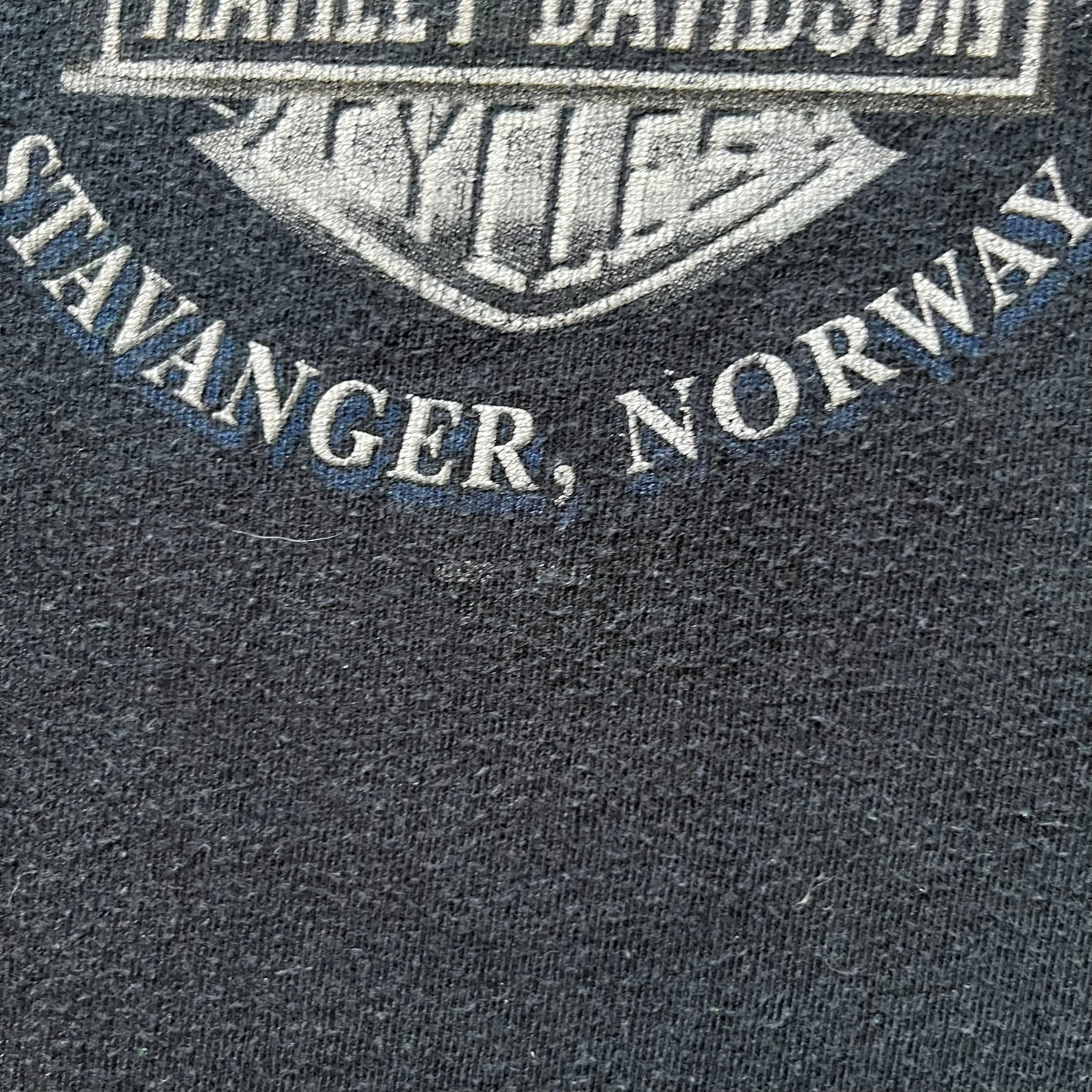 Black Harley Davidson t-shirt from 2011 with striking skull and Harley branding on the chest. Back print features the Stavenger Norway logo and date for an authentic rally vibe. Perfect for fans of vintage motorcycle style.