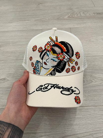 ed hardy tokyo-geisha twill front mesh trucker hat