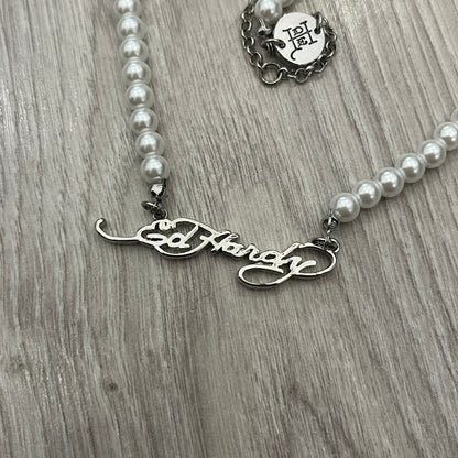 ed hardy scroll logo pearls necklace